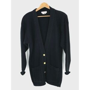 Lindsey Blake Womens M Black Cotton Knit Brass Button‎ Front Cardigan Sweater